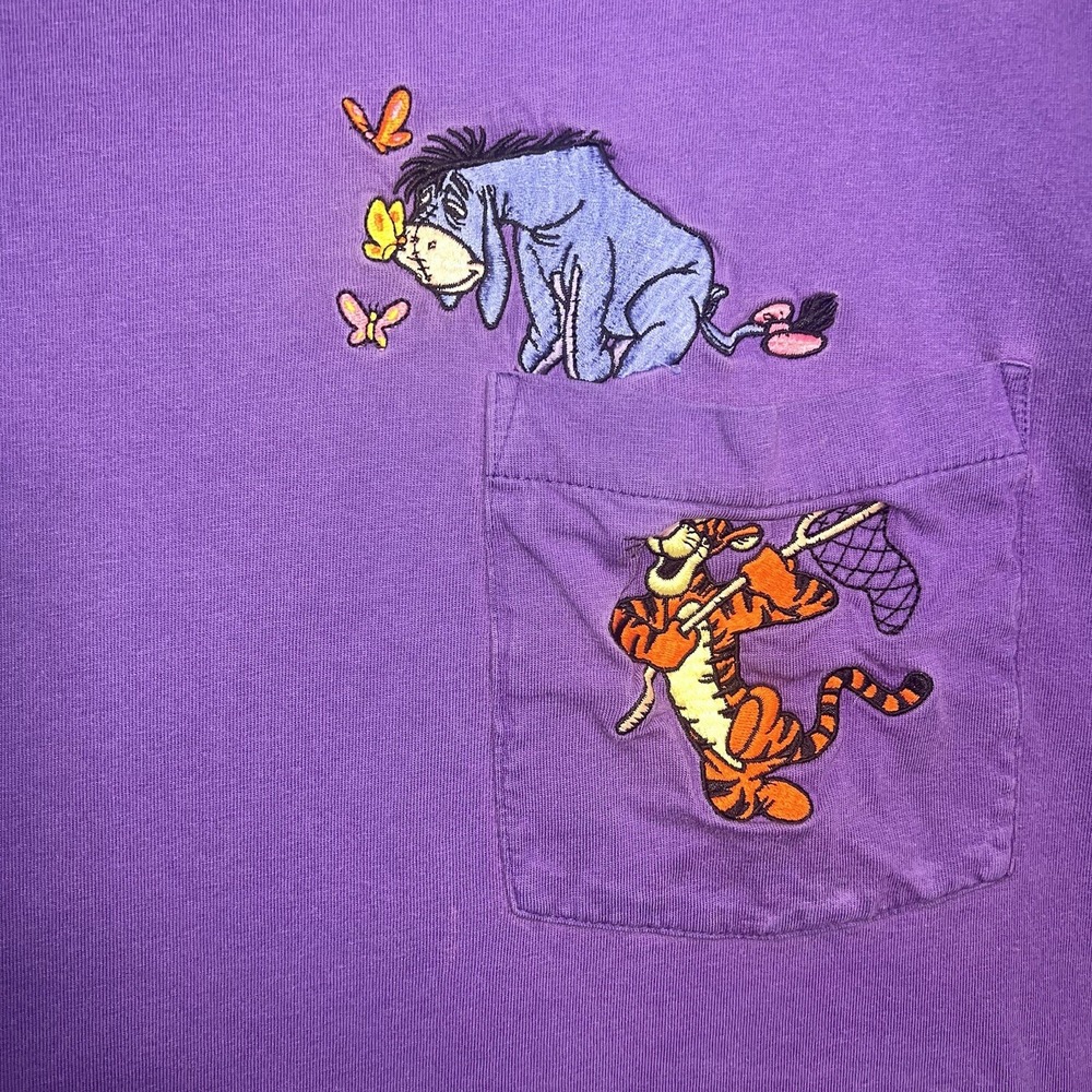VTG Disney T Shirt Men 2XL XXL Purple Eeyore Tigger Pooh Embroidered Pocket Tee - Picture 3 of 8